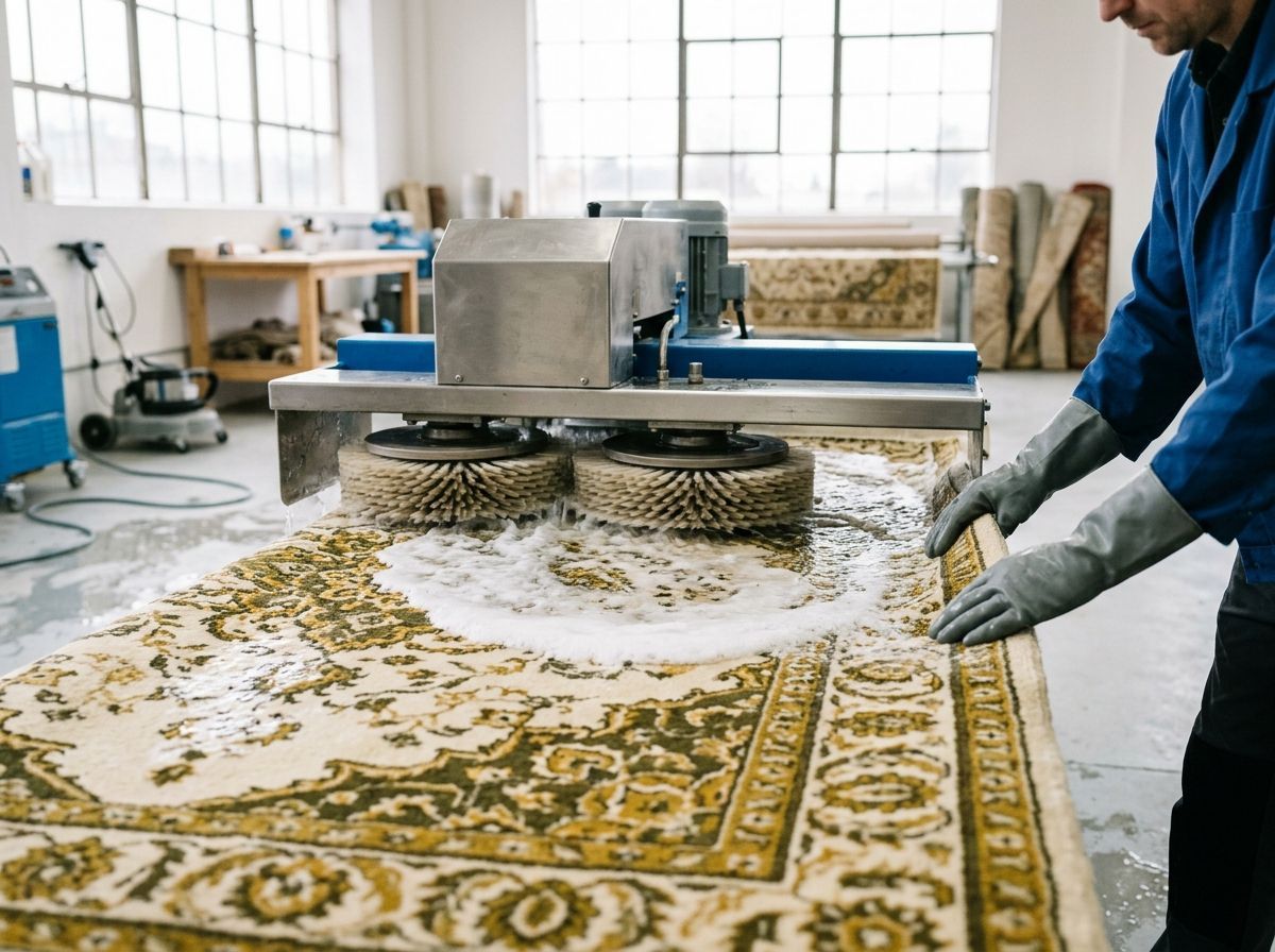 Halı yıkama makinesinde yıkanan yün halı